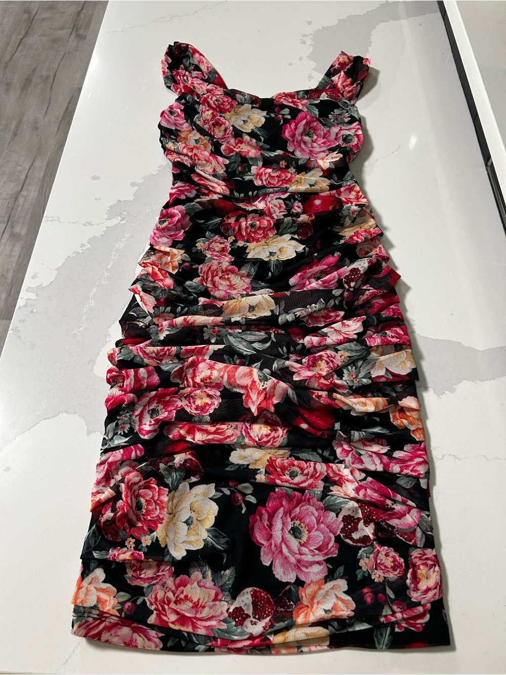 Express Black Floral Ruched Midi Dress with Pink and Cream Blooms